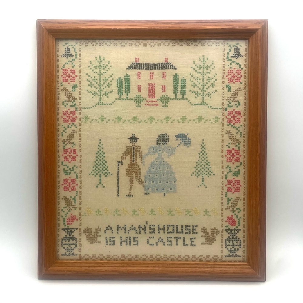 Vintage Sampler House Cottagecore Framed Cross Stitch Couple Home Wall Decor Art